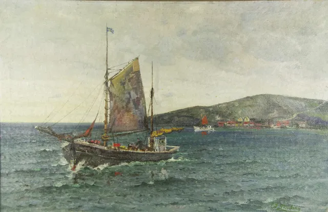 JENS SINDING CHRISTENSEN. Fiskebåt till havs, olja på duk, signerad J. Sinding C.