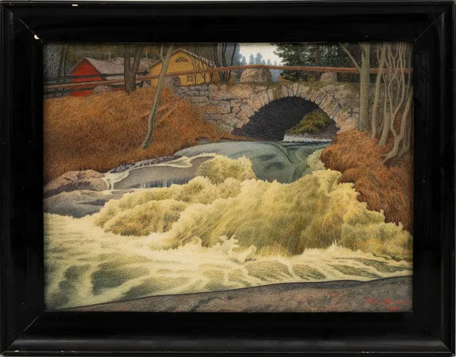 HILDING WERNER. akvarell och gouache på papper, bro över fors, signerad och daterad 1905.
