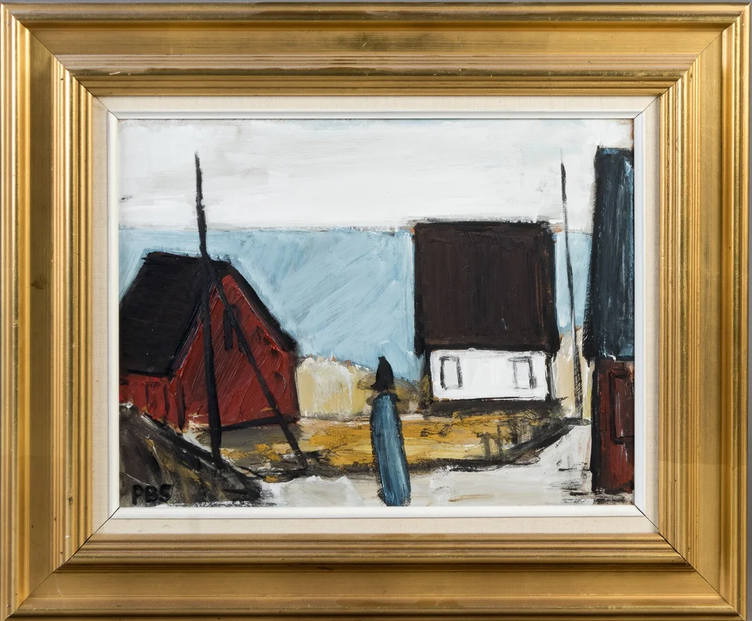 Peder Brøndum Sørensen. Parti med huse og personer(3) — Paintings and sculptures/Modern pictorial arts — Lauritz