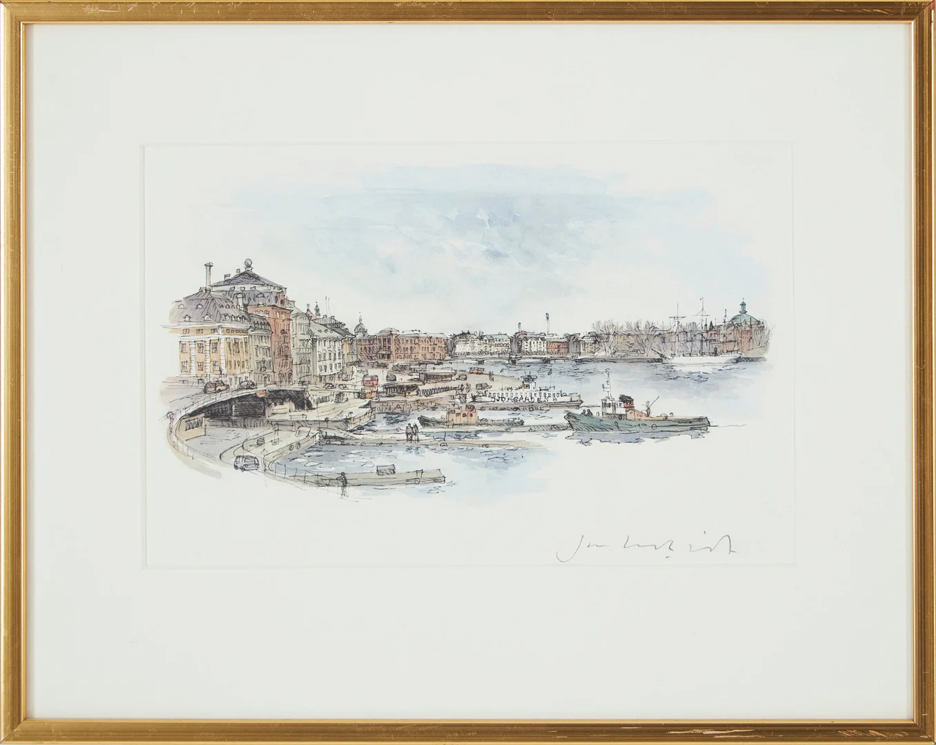 JAN LUNDQVIST (född 1935): Nybrokajen, signerad. — Drawings — Stockholms Auktionsverk Magasin 5