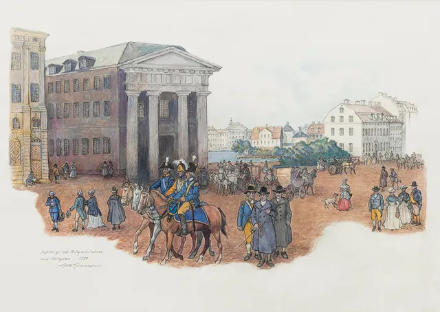 GÖTE GÖRANSSON. Mynttorget och Helgeandsholmen med Stallgatan 1790, blandteknik, signerad.