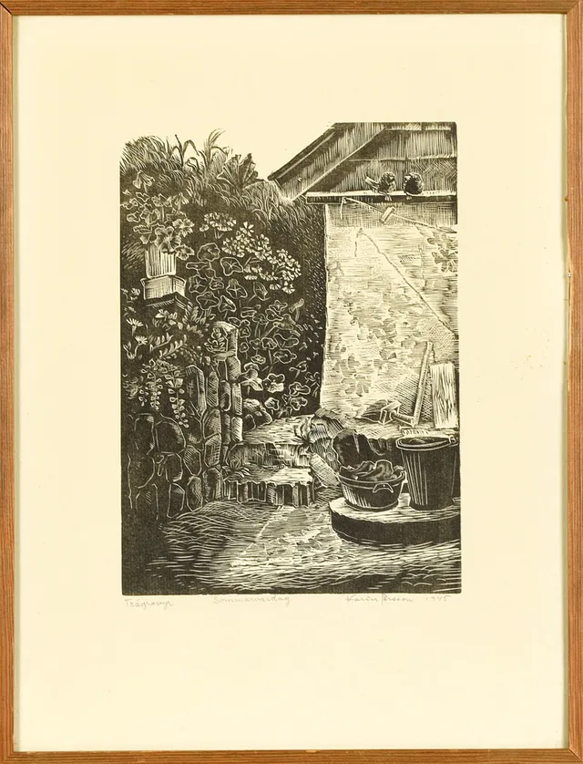 KARIN PERSSON. Trägravyr, "Sommarvardag", Signerad, 1945.