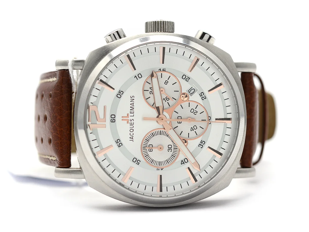Jacques Lemans herrur modell 1-1645, Kronograf, datumvisare, med läderarmband — Klockor/Jacques Lemans — Kaplans