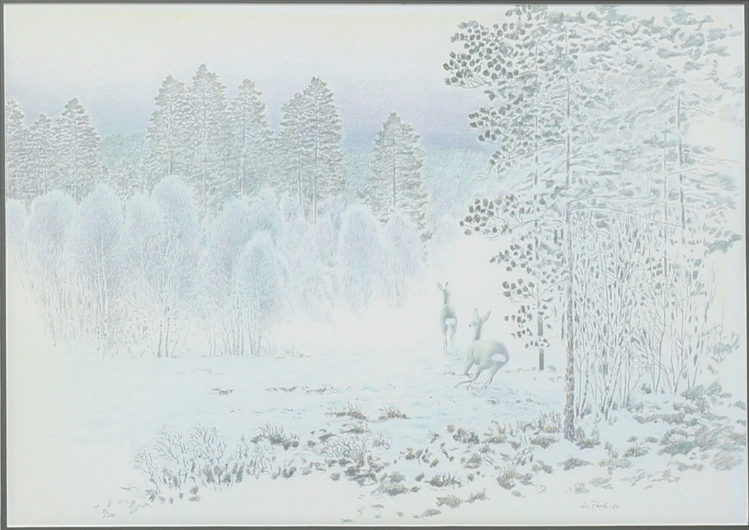 LENNART FRISK. Vintermotiv med rådjur. Färglitografi, signerad och numrerad 8/300, daterad -84. — Engravings & Prints — Auktionshuset Thelin & Johansson