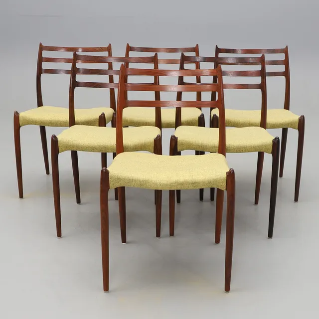 NIELS OTTO MØLLER. Stolar, 6 st, modell 78, jakaranda, J.L. Møller Models, Danmark.