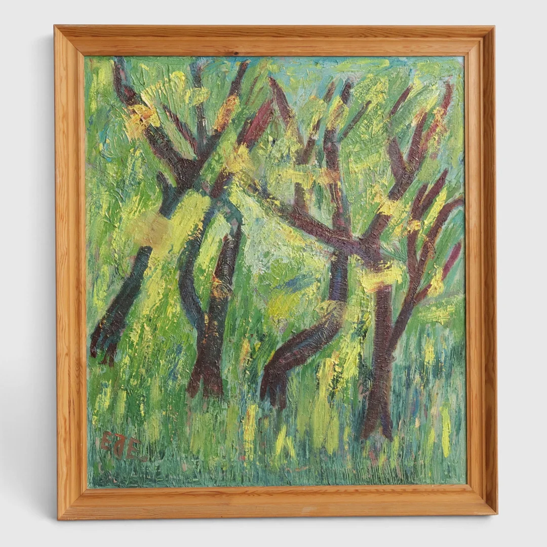 Uden titel. Skovparti, olie på lærred. Ubekendt dansk maler, sign. og dateret, "Eje, 1977". Danmark. — Paintings — Woxholt Auktionshus