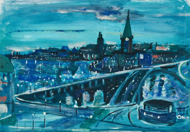 ÅKE WILHELM ANDERSSON (1922-1988). Slussen i kvällsljus, monogramignerad ÅWA, olja på duk.