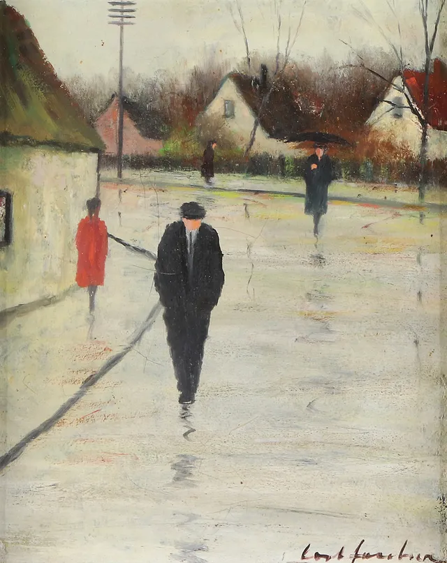 CORT JACOBSEN (Danmark, 1911-1967). Oljemålning på duk, regnvåt bygata med människor i rörelse, signerad.