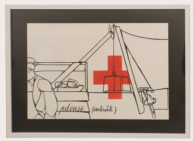 VALERIO ADAMI. Efter, Litografiskt tryck ur mappen Derriere Le Miroir, komposition med rött kors, nr 214 år 1975.