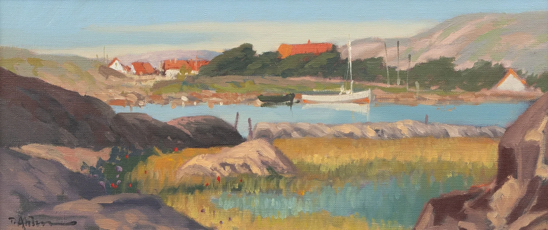 TAGE AHLM (1920-1992). "Hallbäcks strand, Bohuslän", olja på pannå, signerad. — Paintings — Garpenhus Auktioner