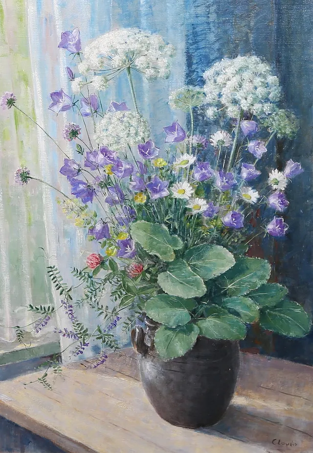 GUNNAR CLOVÉN. Sommarblommor i kruka. Olja på pannå, signerad.