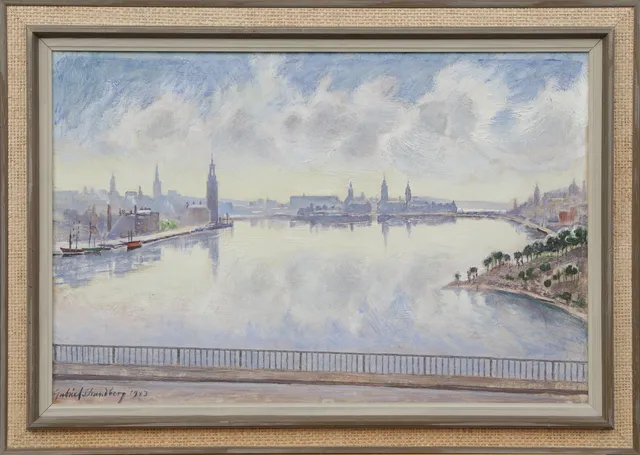 GABRIEL STRANDBERG. OLJA, på pannå, Stockholmsvy, med bl a Stadshuset, signerad, 1943..