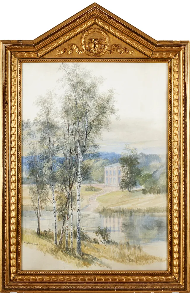 ANNA BILLING. Vårlandskap från Hagaparken, akvarell, 70 x 50 cm.