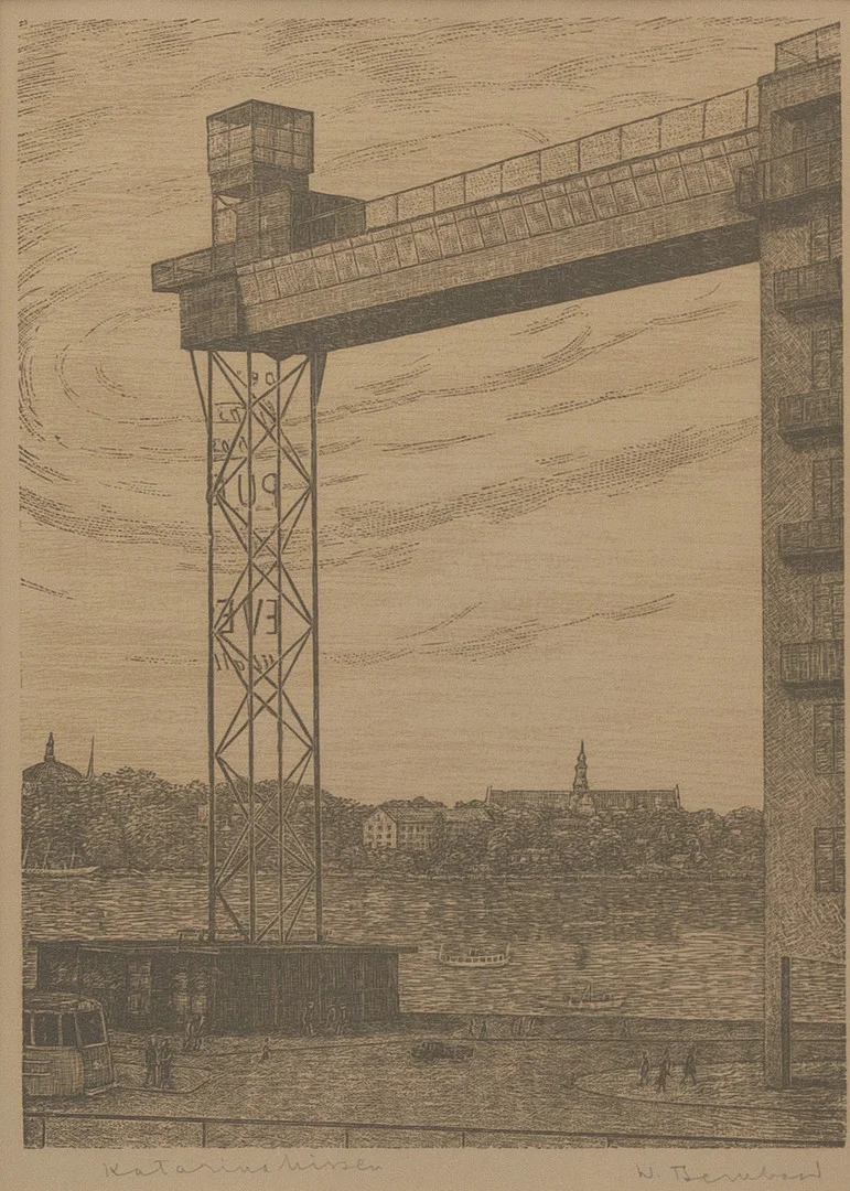 WALDEMAR BERNHARD (1890-1965). "Katarinahissen" träsnitt, signerad. — Engravings & Prints — Garpenhus Auktioner