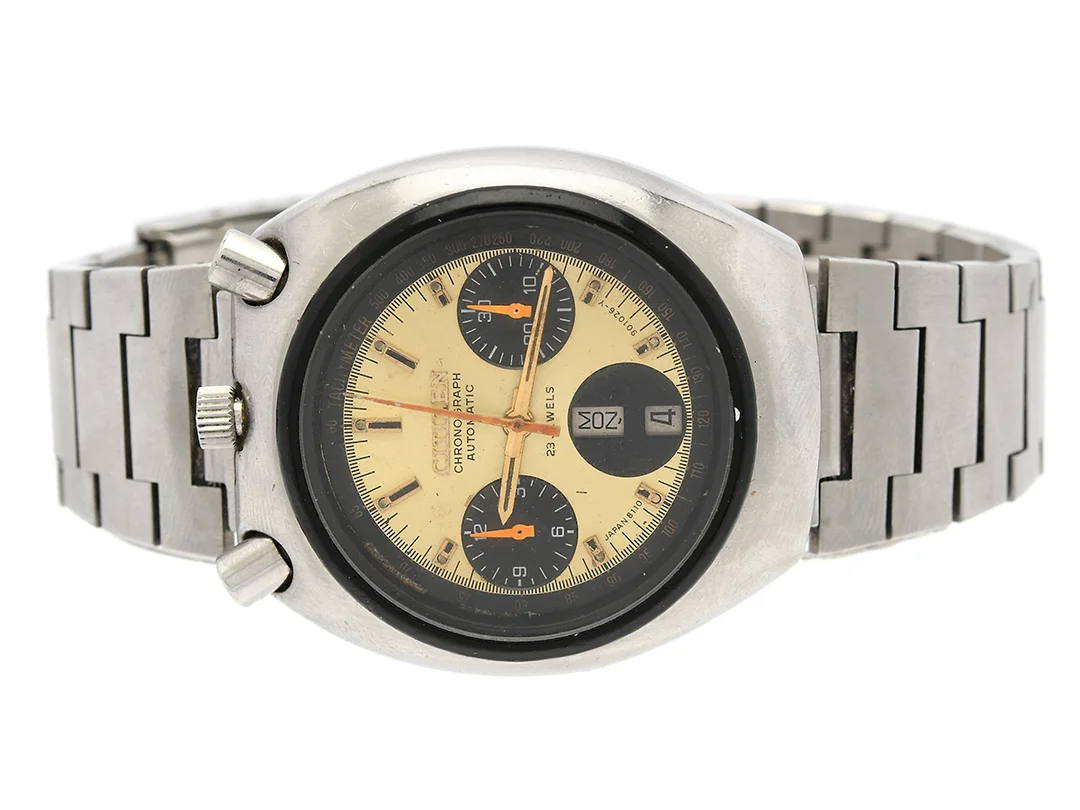 CITIZEN, s.k. "Bullhead", "Tachymeter", Cal 8110A, Serie nr. 60100771, Boett nr. 4-901193 K / GN-4-S / 67-9020, kronograf (defekt), herrur, 38 mm, stål, automatisk, mineralglas, dag, datum, skadad urtavla, originallänk, viklås, ca 1966. — Klockor/Citizen — Kaplans