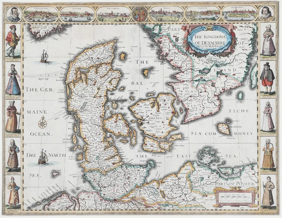 “The Kingdome of Denmarke”. Map of Denmark. 1626. Hand coloured engraving mounted in passe partout. Visible size 40×51 cm. — Prints & Drawings — Bruun Rasmussen