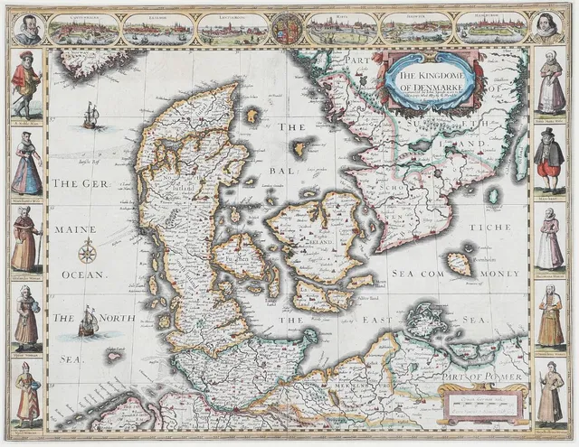“The Kingdome of Denmarke”. Map of Denmark. 1626. Hand coloured engraving mounted in passe partout. Visible size 40×51 cm.