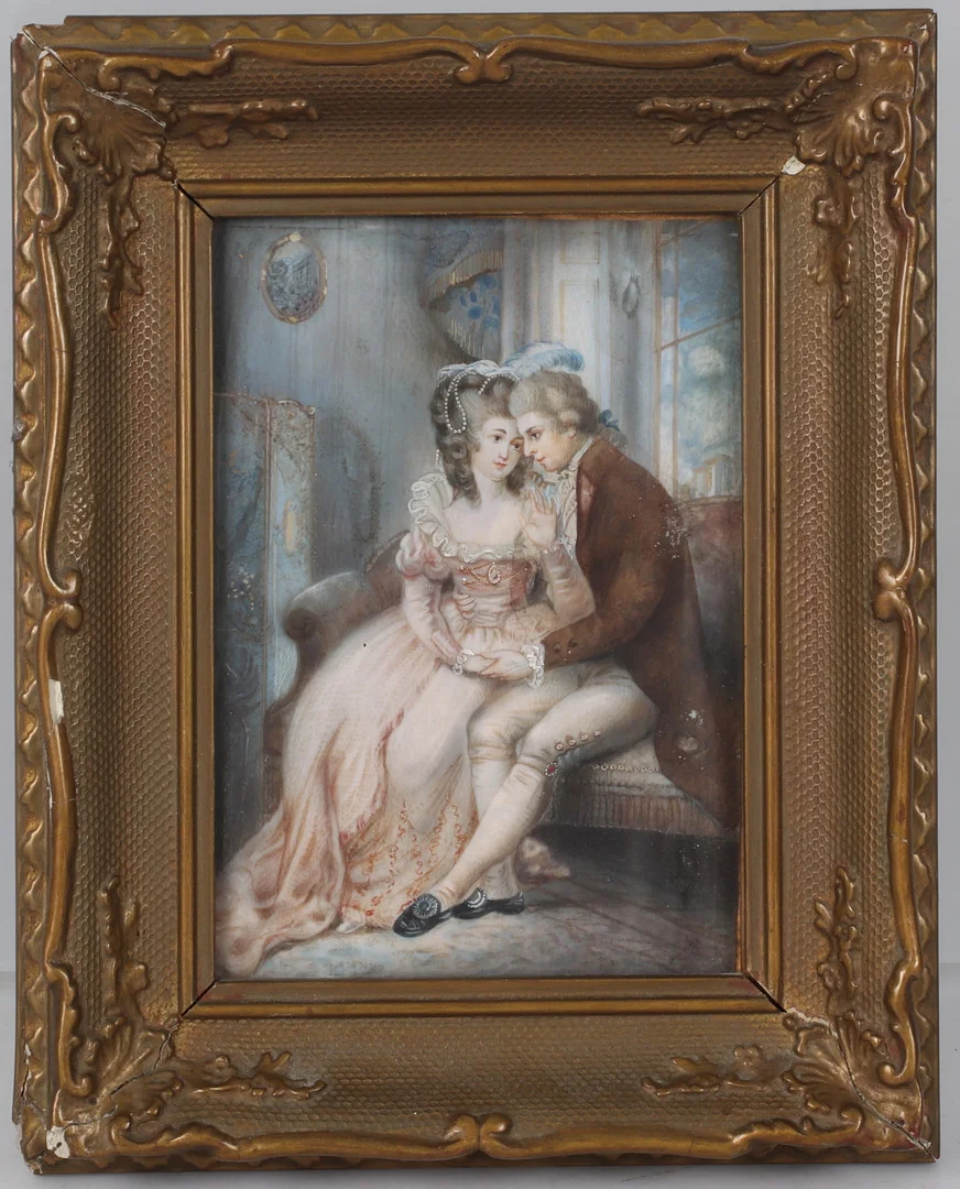 OIDENTIFIERAD KONSTNÄR. Rokokopar, akvarell och täckvitt, otydligt signerad, 18/1900-tal. — Paintings — Stadsauktion Sundsvall