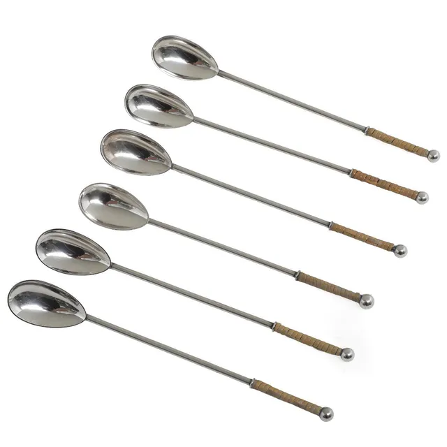 A set of six sterling silver cocktail spoons, handles wound with bamboo. Made by F. Hingelberg, Aarhus, 1948–71. Weight app. 146 g. L. 18.2 cm. (6)