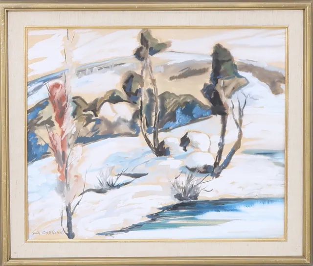 ERIK OSSLUND. "Vårvinter", pappannå, blandteknik/gouache, signerad.