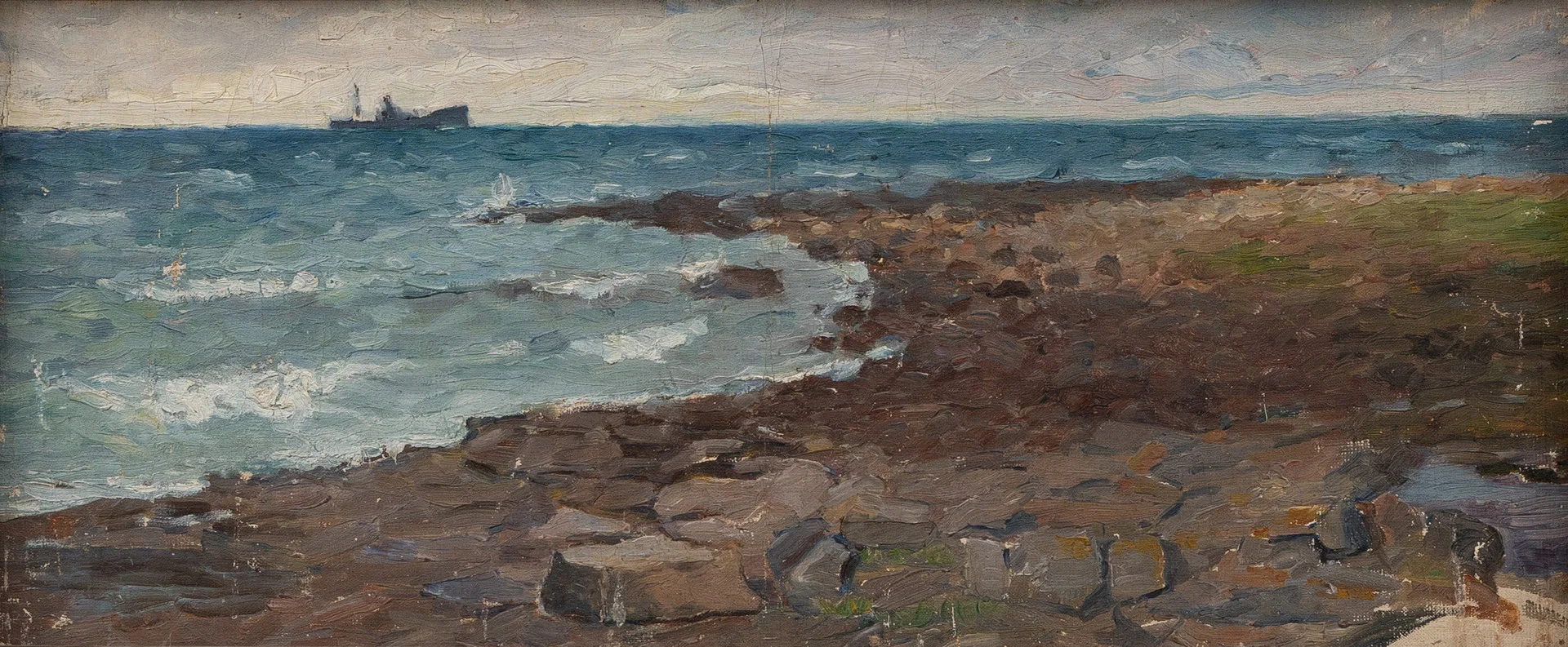MÄRTHA TYNELL (1865-1930). TILLSKRIVEN. Kustlandskap med fartyg på hav olja på uppklistrad duk, osignerad. — Paintings — Garpenhus Auktioner