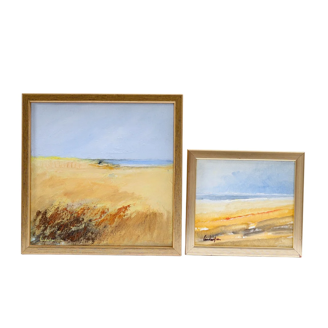 BIRGITTA LINDESTAM. "Vid havet", 2 st, olja på duk och pannå, signerade. — Paintings — Gomér & Andersson Nyköping