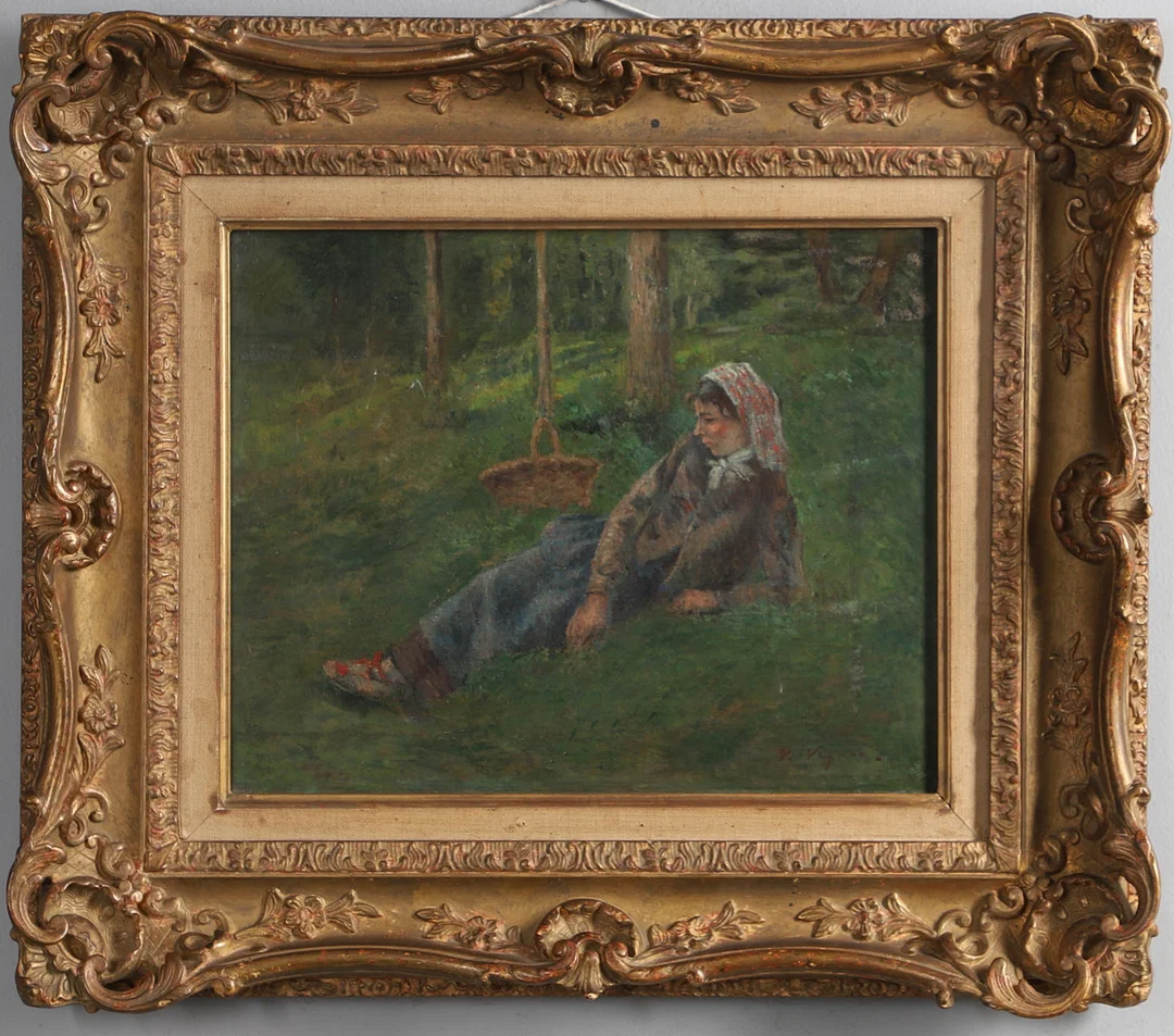 VICTOR VIGNON (1847-1909). LADY RESTING IN A WOODLAND SETTING, POSSIBLY GATHERING MUSHROOMS. — Paintings — Lawrences Auctioneers