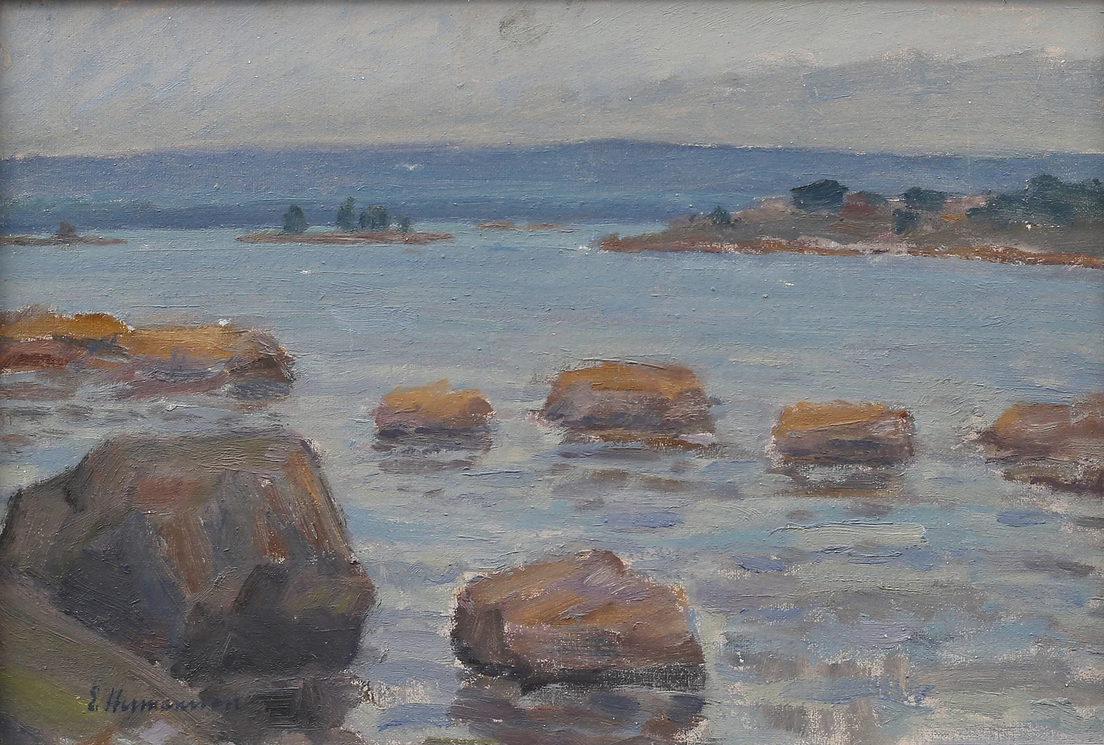 ERIC HERMANSSON. Från Elleholm mot väster, Blekinge, olja på pannå, signerad E Hermansson. — Paintings — Garpenhus Auktioner