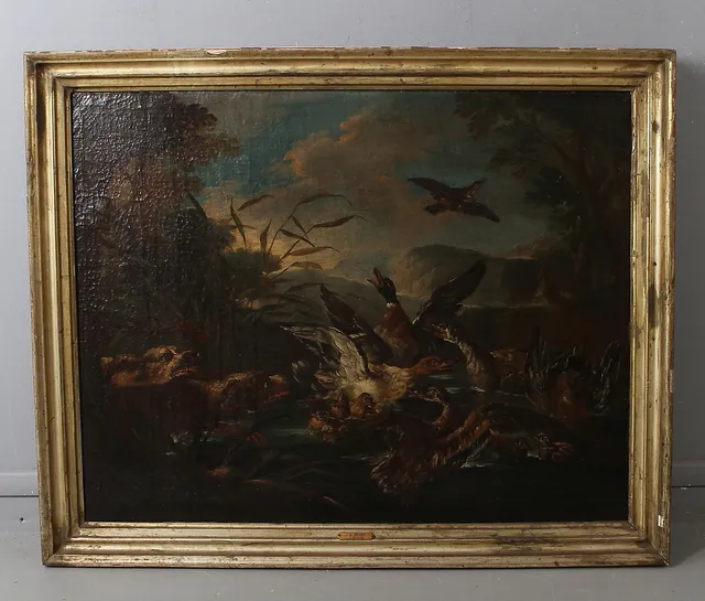 JEAN-BAPTISTE OUDRY. HANS ART. Jakthundar skrämmer fåglar på flykt, olja på duk, osignerad, 1700-tal.