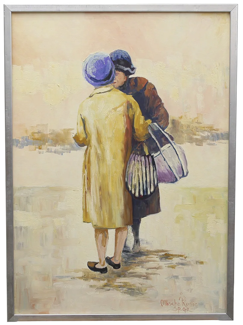 MISCHA ROSIC. Olja på duk, äldre damer i konversation, signerad. — Paintings — Limhamns Auktionsbyrå