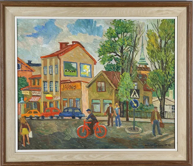 JOHN CARLSON. Motiv från Sturegatan i Sundbyberg, olja på pannå, signerad och daterad 1972.
