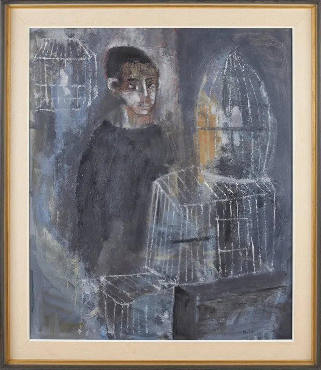 ROLAND LINDBERG. "Fågelhandlaren", signerad samt daterad 60, olja på duk.