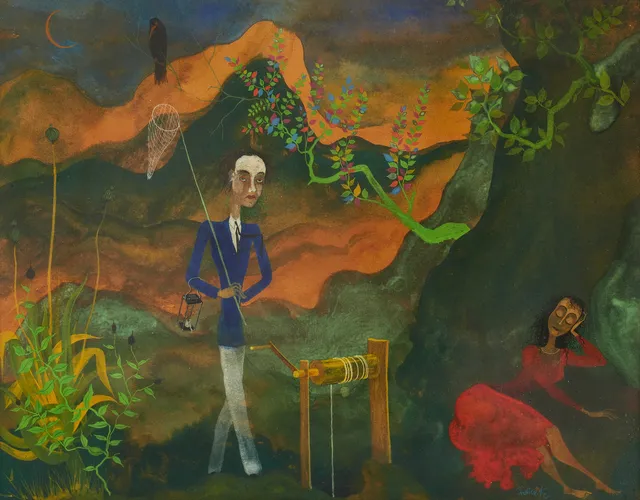 FOLKE KARLSSON (1907-1988), Tristess: Dandyn och damen i rött, signerad, gouache.