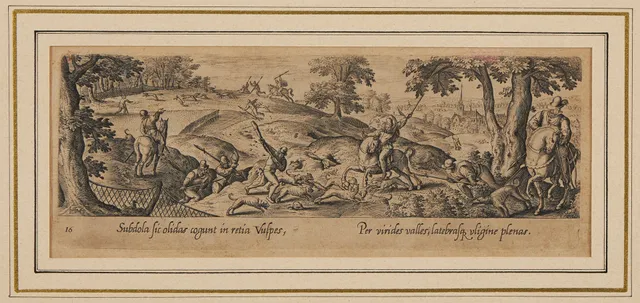 PHILIP GALLE (1537-1612) och HANS BOL (1534-1593) Foxhunting/Fuchsjagd ur "Venationis pisationis et aucupii typi" kopparstick 1582.