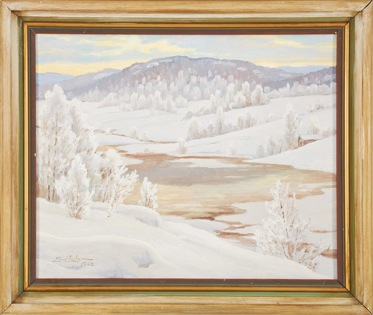 ERNST LINDGREN. Vinterlandskap, olja på pannå, signerad och daterad 1942. — Paintings — Stockholms Auktionsverk Sickla