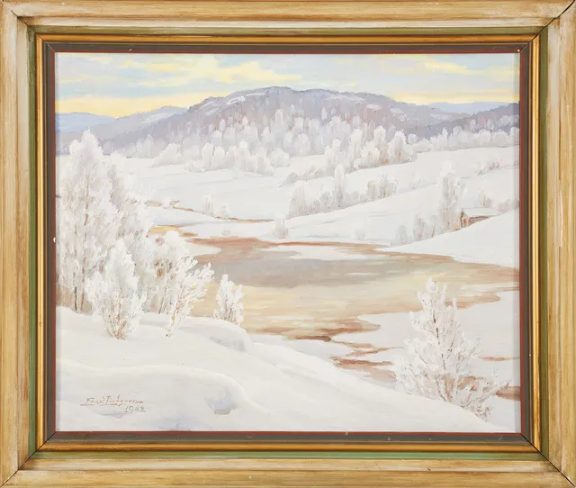 ERNST LINDGREN. Vinterlandskap, olja på pannå, signerad och daterad 1942.