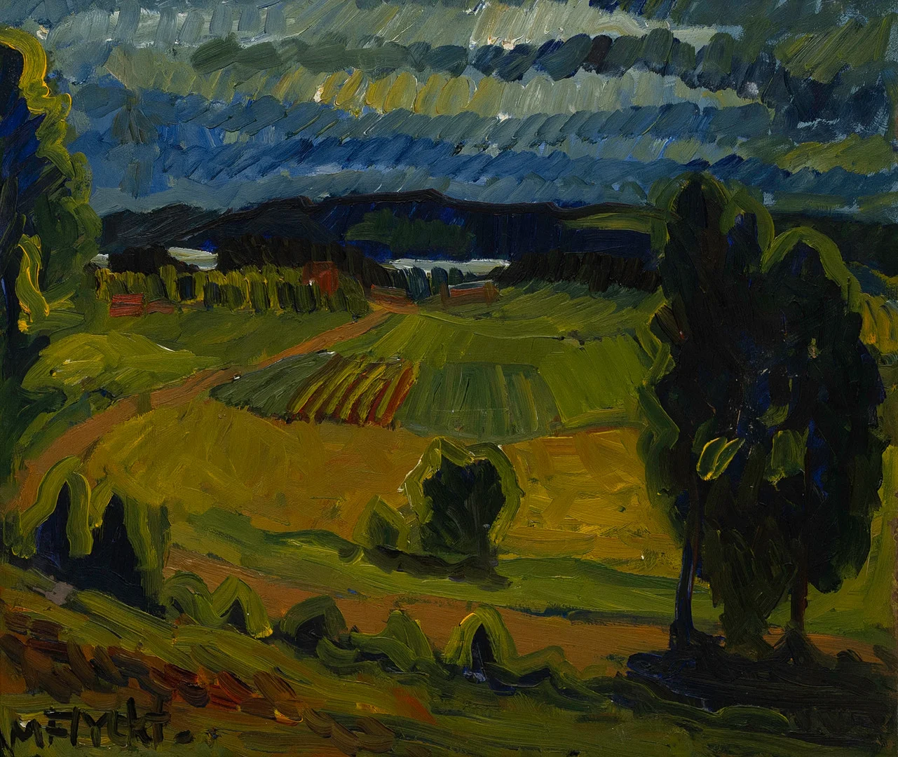 MANFRED FLYCKT (1893-1956). Landskapskomposition, olja på pannå, signerad, M Flyckt. — Paintings — Auktionshuset Kolonn