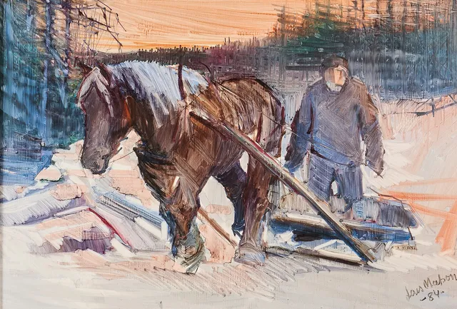 LARS MATSON. Oljemålning, signeradm daterad -84, skogsarbetare med draghäst, pannå.