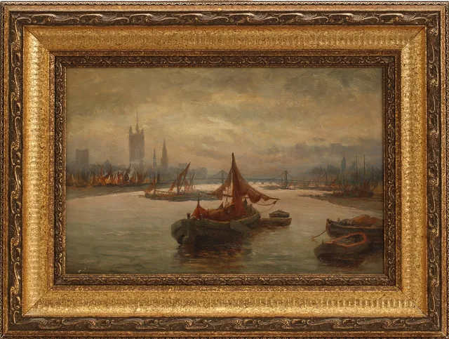 HUME NISBET, olja på duk, "The Thames above Westminster", signerad.