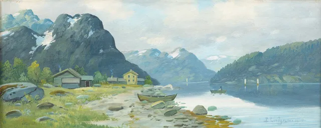 JOHAN LINDGREN (1887-?). Alplandskap med sjö, olja på duk, signerad 1914.