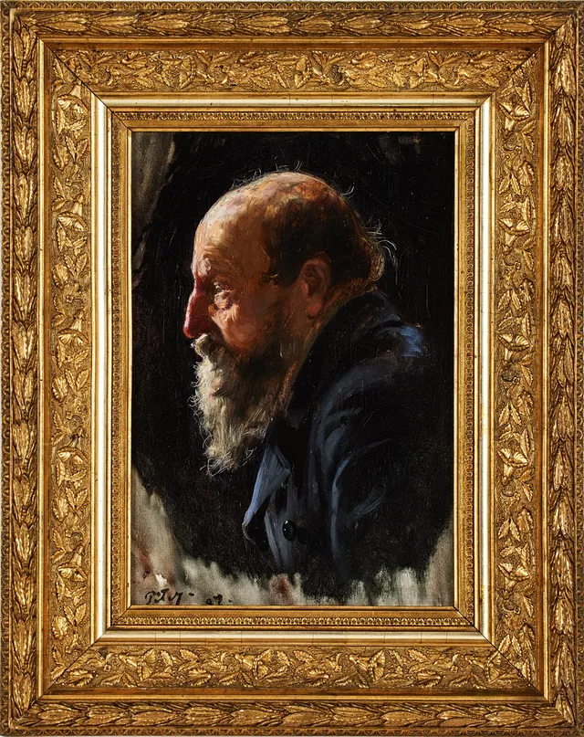 AXEL PETER. Studie av man i profil, olja på duk lagd på masonit 35,3 x 24,7 cm.
