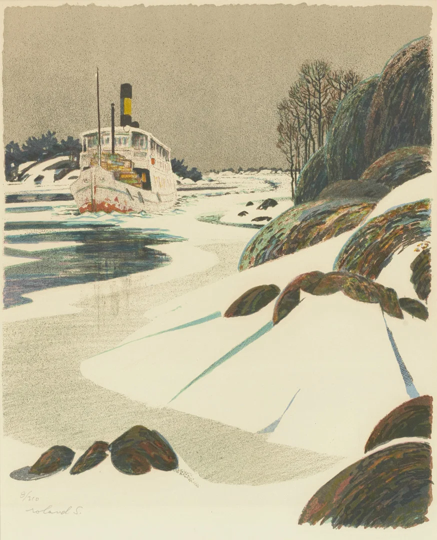 ROLAND SVENSSON (1910-2003). "Menföresbåten", signerad och numrerad roland S. 8/350, färglitografi. — Engravings & Prints — Crafoord Auktioner Stockholm