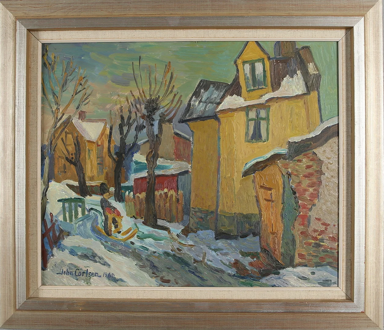 JOHN CARLSON. "Vinter i Hagalund", olja på pannå, signerad och daterad 1960. — Paintings — Auktionshuset Kolonn