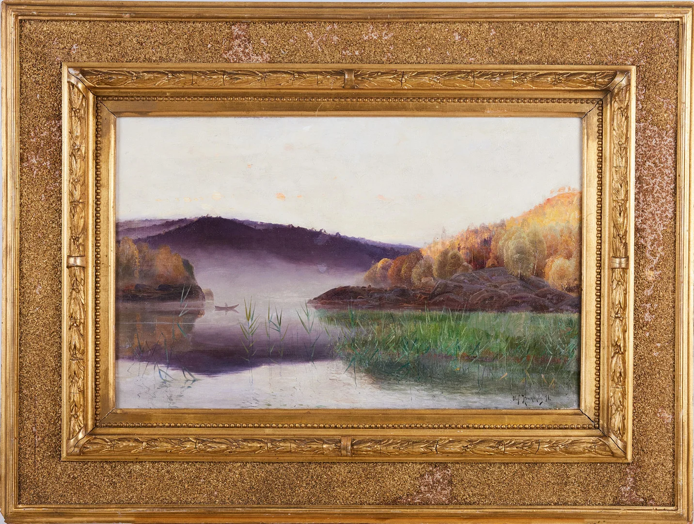 OLOF KRUMLINDE (SVERIGE, 1856-1945). Insjölandskap, olja på duk, signerad och daterad 1891. — Paintings — Stockholms Auktionsverk Magasin 5