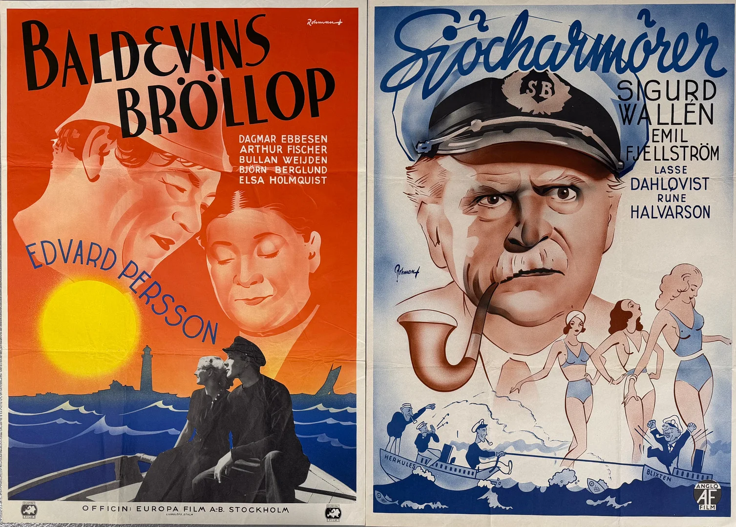 FILMAFFISCHER, 2 st, 1930-tal, "Baldevins bröllop", tryckår 1938, design Erik Rohman. "Sjöcharmörer", tryckår 1939, design Erik Rohman. — Movie memorabilia — Skandia Auktion