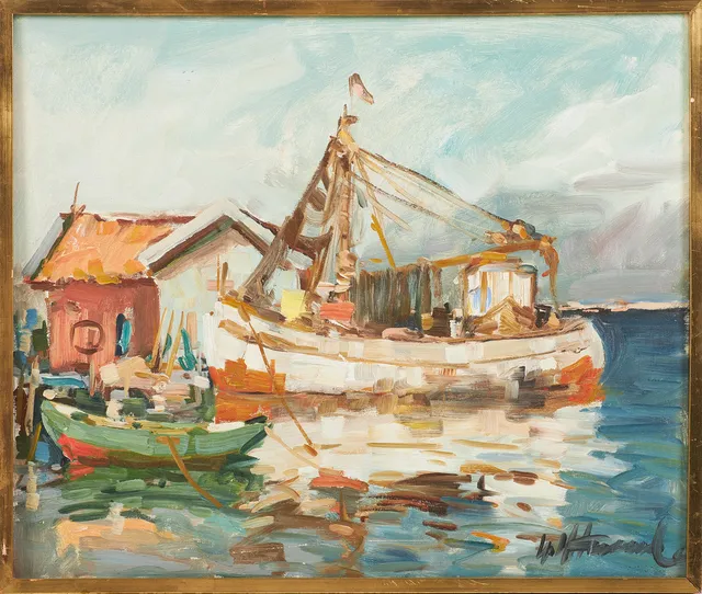 HELMUT MANTEL. Fiskebåtar, olja på duk, signerad.