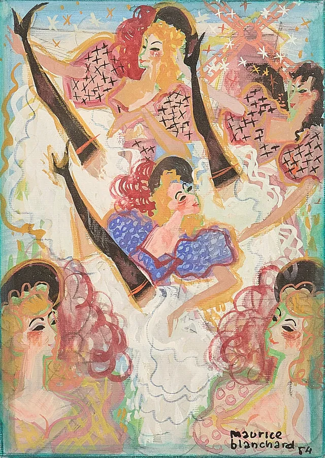 MAURICE BLANCHARD. Gouache, sigenrad, daterad 1954, cancandansare på Moulin rouge.