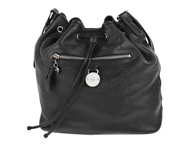 VÄSKA, MULBERRY, Somerset Drawstring Bucket Bag, svart läder, silverfärgade beslag, 28x29x14 cm, bruksslitage.
