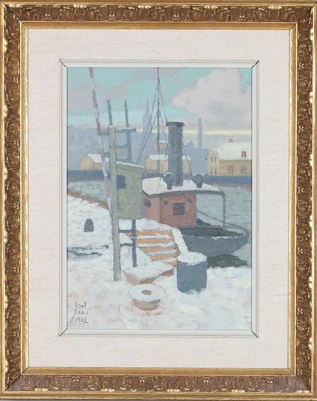 KNUT JOAN. (Knut Johan Johansson), "Motiv från Norrköpings hamn", signerad och daterad 1962.