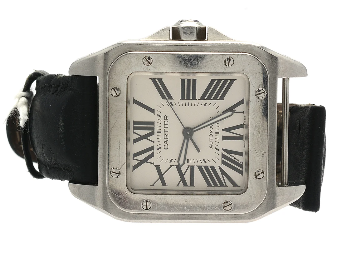 Cariter Santos 100 Automatic, 43x47mm, stål, repig, skadad sten på krona, defekt läderarmband, Modell: 2656, Snr: 795172CE — Klockor/Övriga klockor — Kaplans